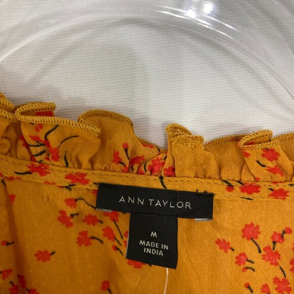 New Ann Taylor Medium Mustard Red Floral Tie Front Puff Ruffle Sleeve Blouse - Picture 3 of 10